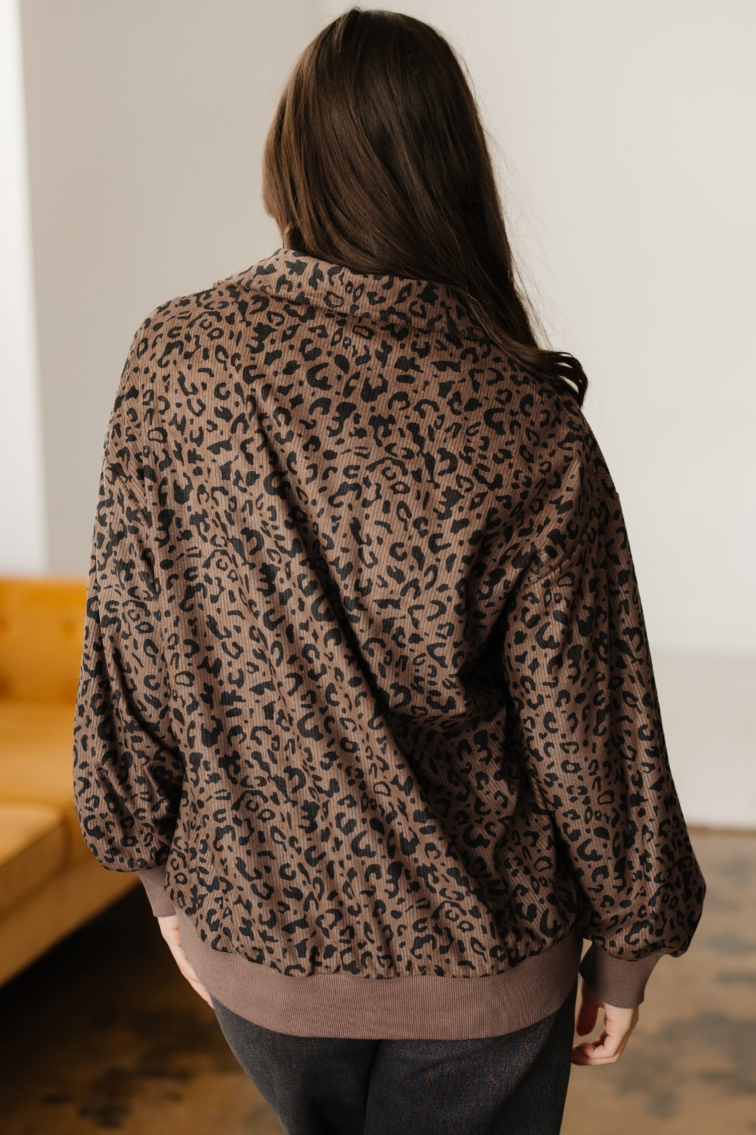 Leopard Print Quarter Zip Soft Corduroy Sweatshirt - Tops/Sweatshirts & Hoodies