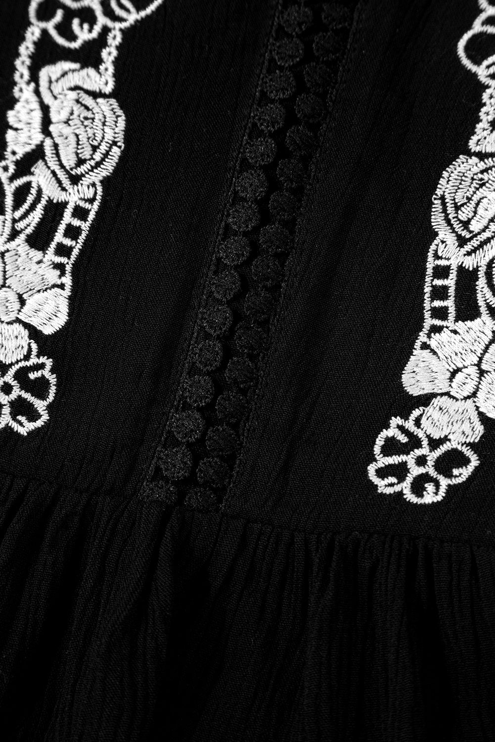 Black Floral Embroidery Ruffled Spaghetti Straps Tank Top eAura