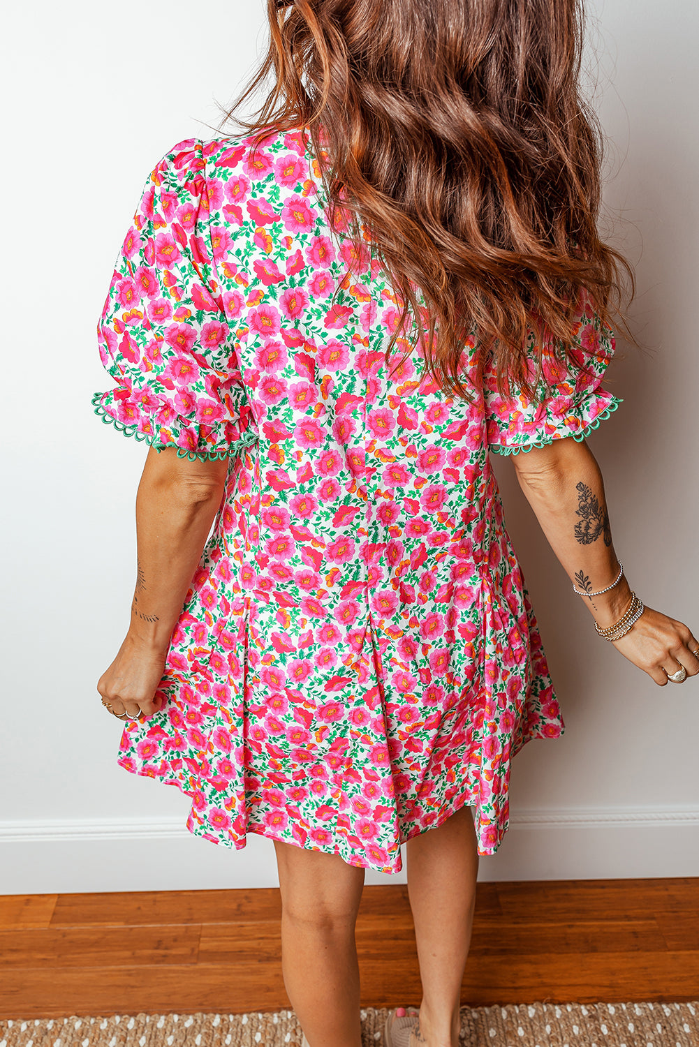 Pink Floral Print V-Neck Patchwork Short Bubble Sleeve Mini Dress