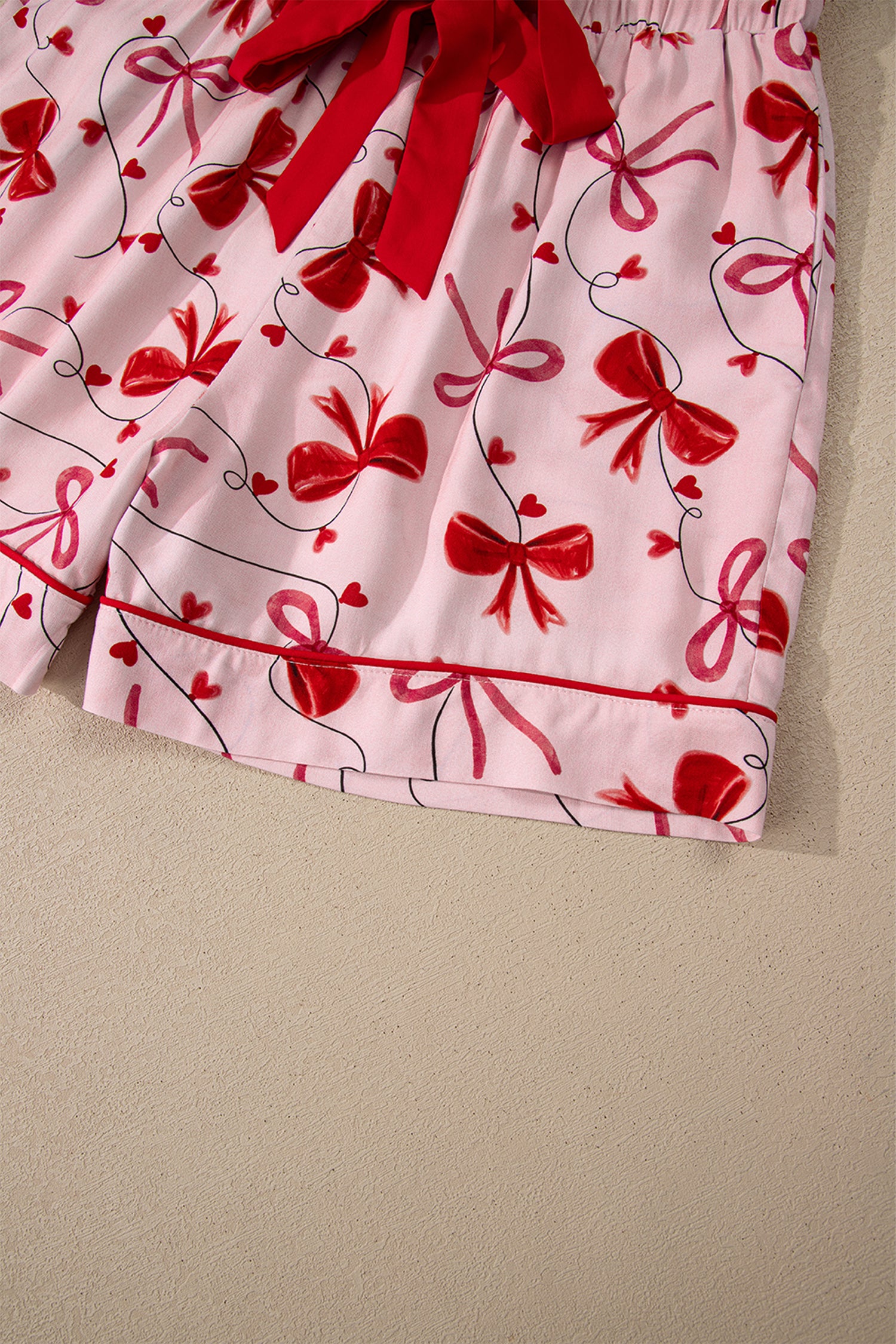 Bow Print Valentine Long Sleeve Shirt Shorts 2 Pcs Pajama Set – Red