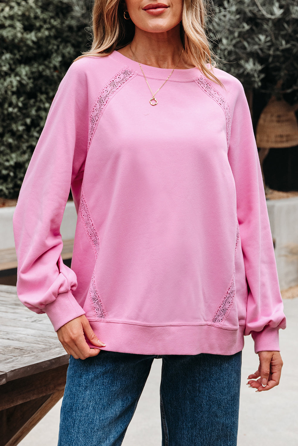 Pink Lace Patched Raglan Sleeve Loose Fit Sweatshirt
