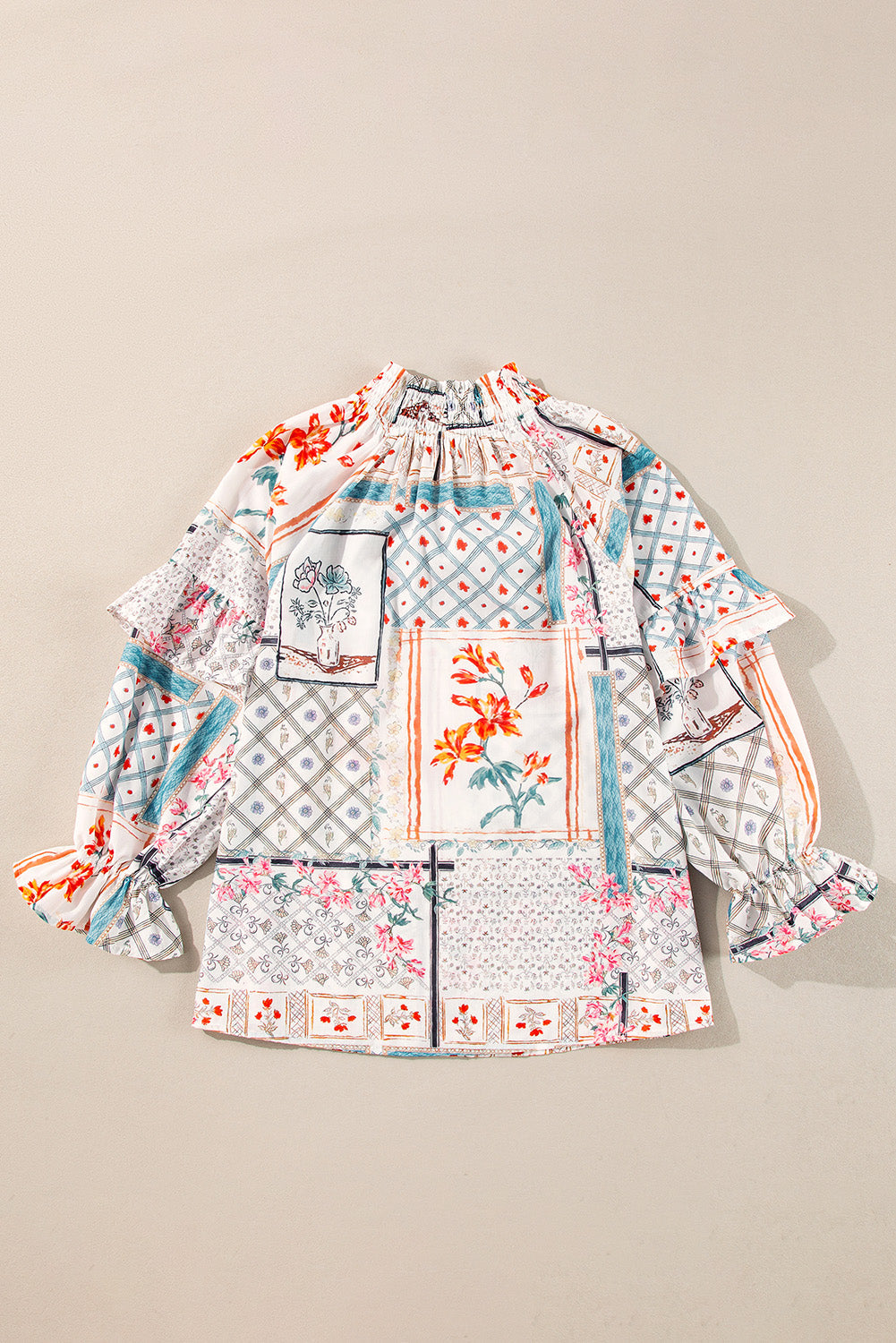 Multicolour Boho Floral Patched Ruffled Sleeve Tied Neck Blouse Beagle Boutique Fashion Outlet