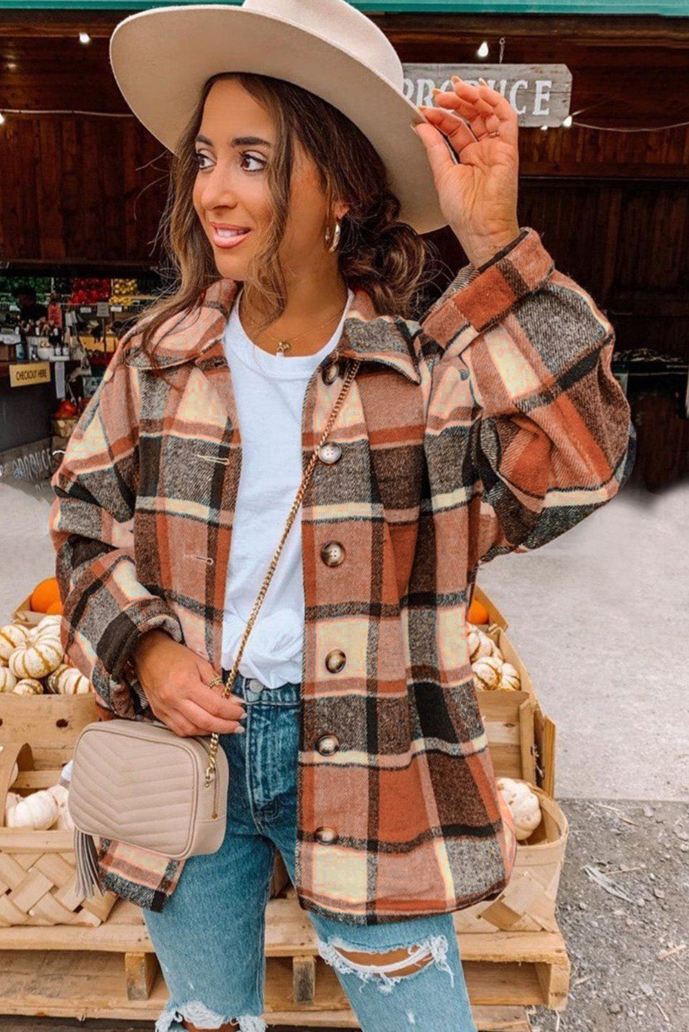 Plaid Print Buttoned Shirt Jacket Beagle Boutique Fashion Outlet