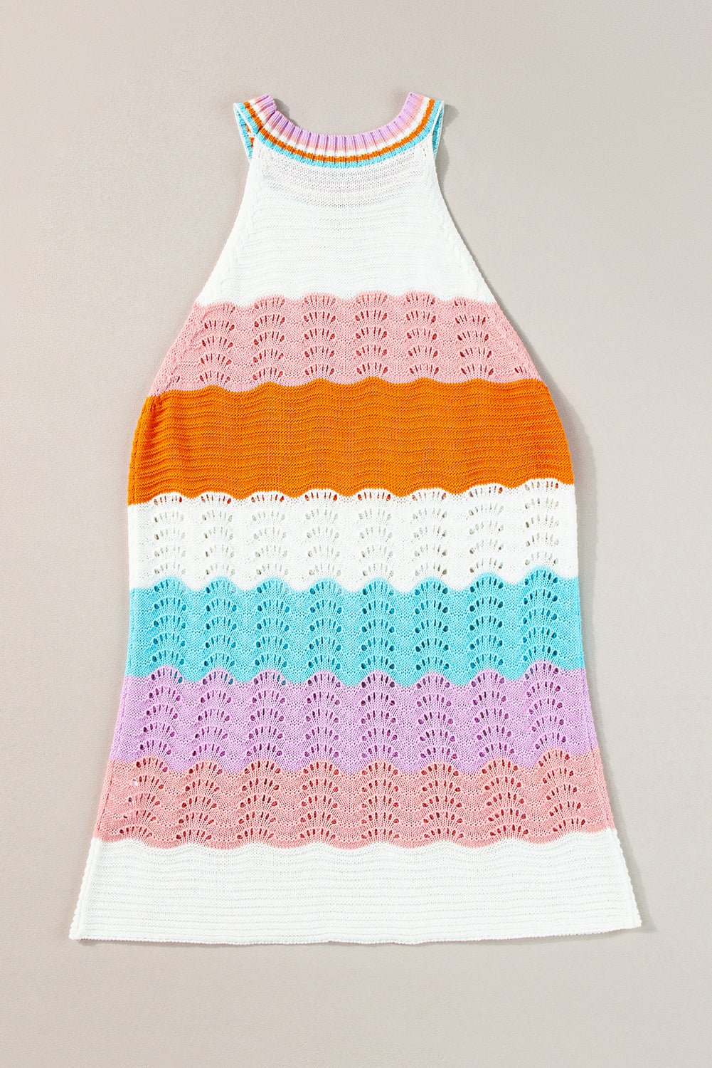 Multicolour Wavy Striped Print Textured Knit Sleeveless Sweater Top eAura