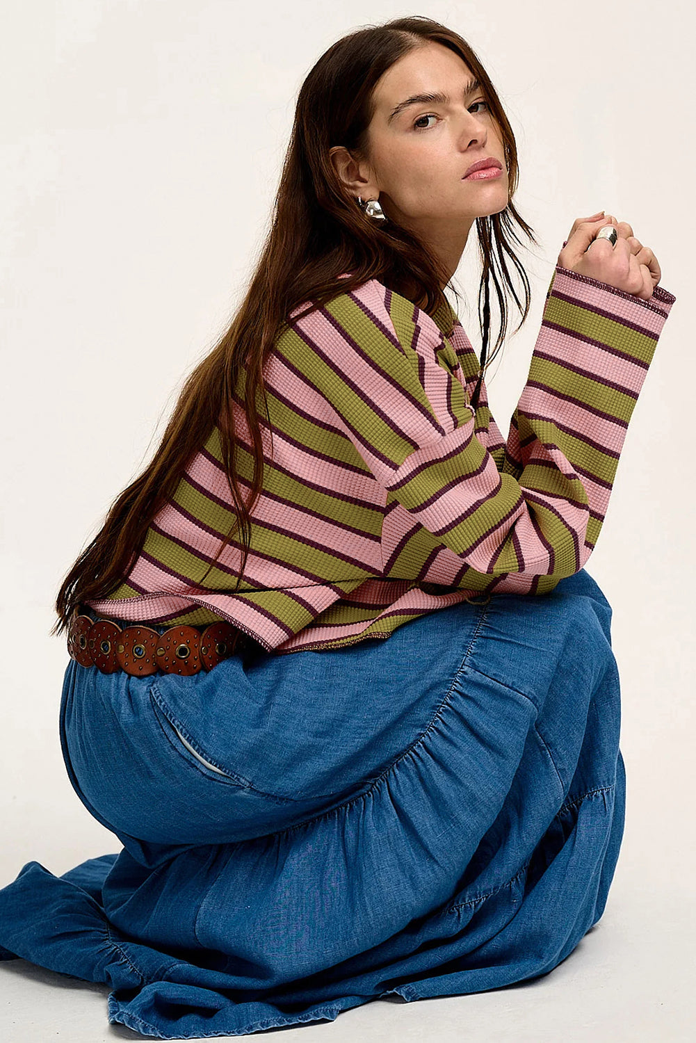Spinach Green Clashing Stripes Waffle Texture Notched Neck Long Sleeve Top eAura