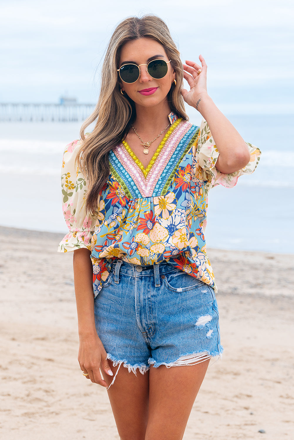 Multicolour Crochet V Neck Half Sleeve Boho Floral Blouse Dear-Lover Dropshipping