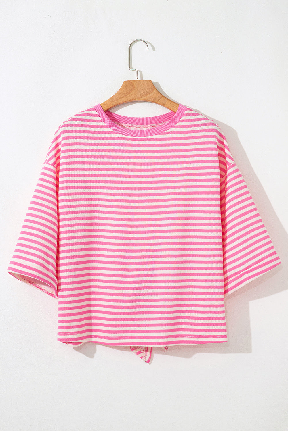Pink Stripe Bowknot Cutout Back Drop Shoulder Wide Bracelet Sleeve Loose Tee eAura
