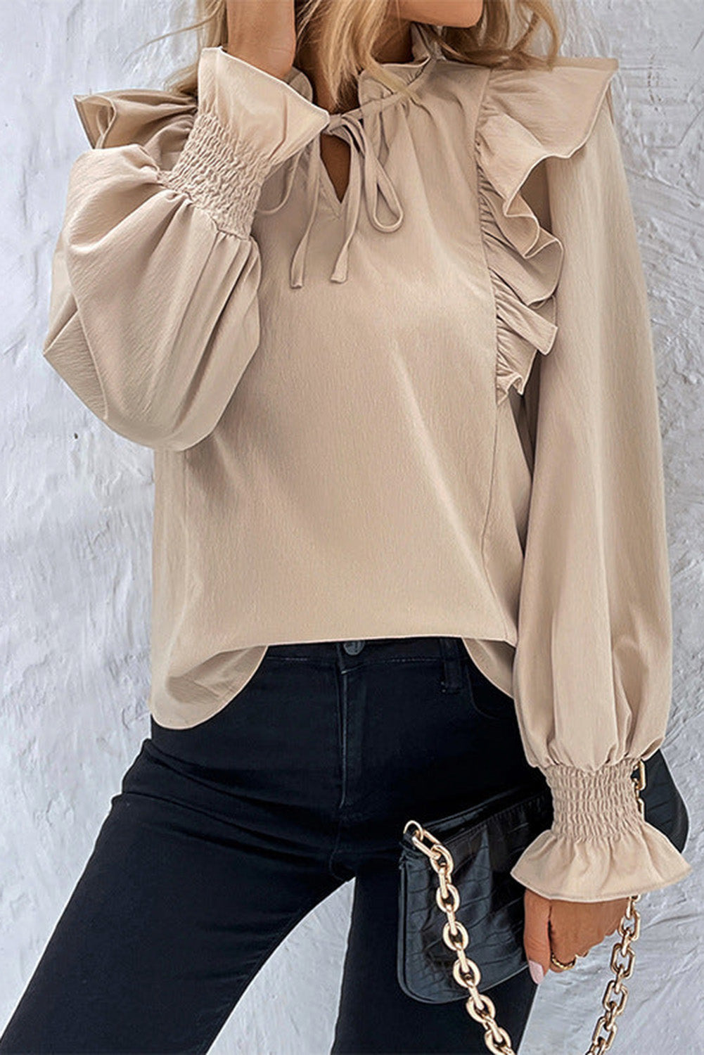 Khaki Ruffled Lace up Bubble Sleeve Blouse eAura