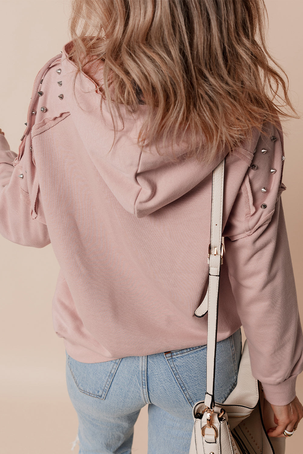 Fushia Solid Color Rivet Stud Raglan Sleeve Hoodie with Pocket BB Fashion Outlet