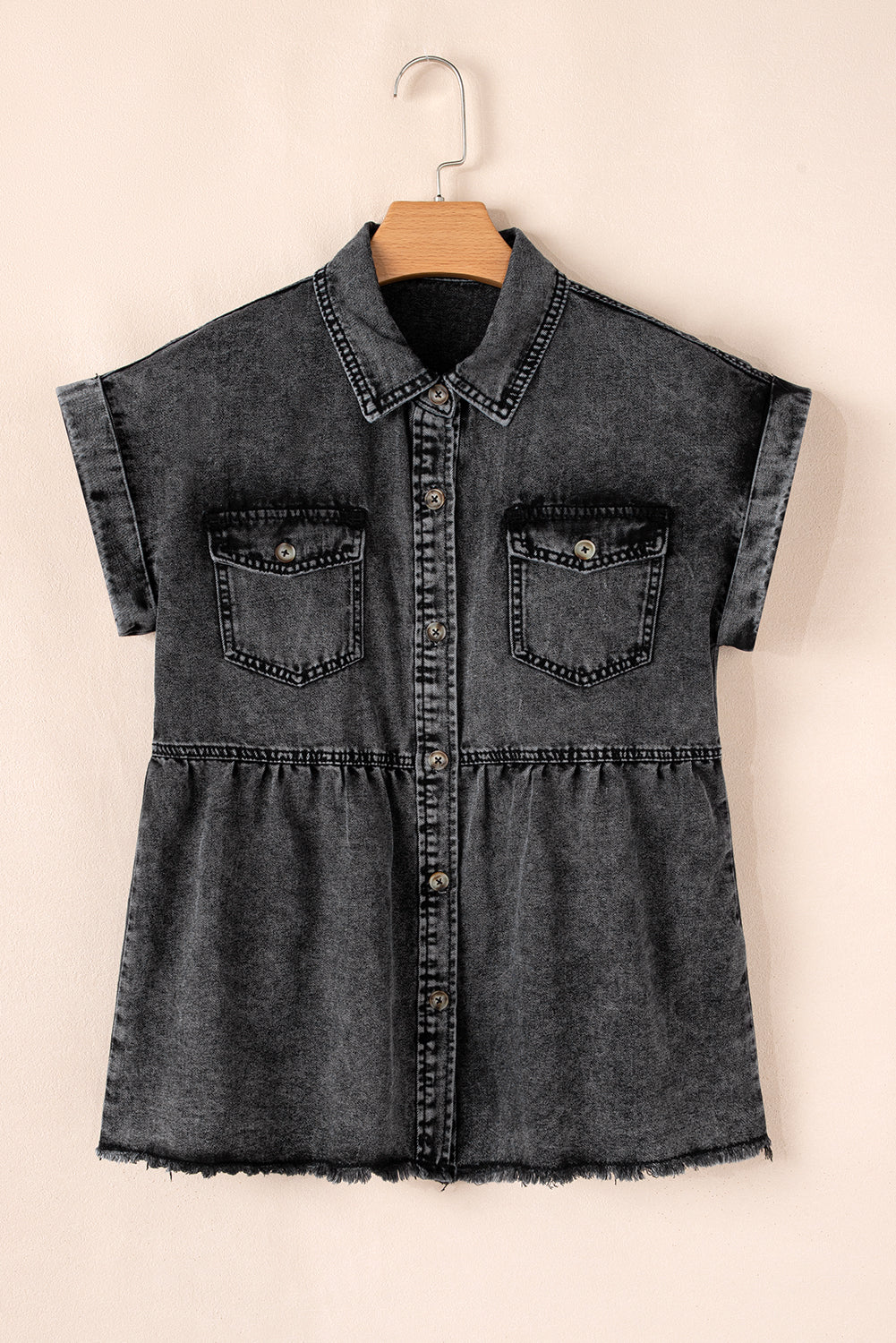 Black Short Sleeve Flap Pocket Button Up Raw Hem Denim Shirt eAura