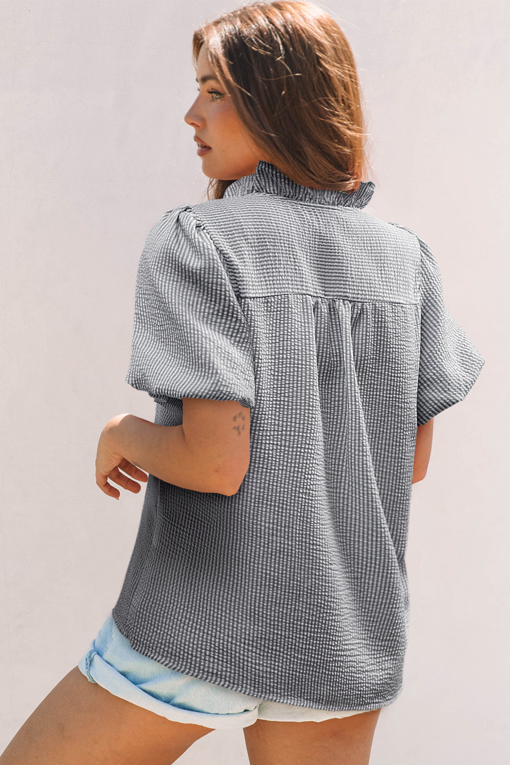 Striped Ruffle Short Bubble Sleeve Shirt eAura