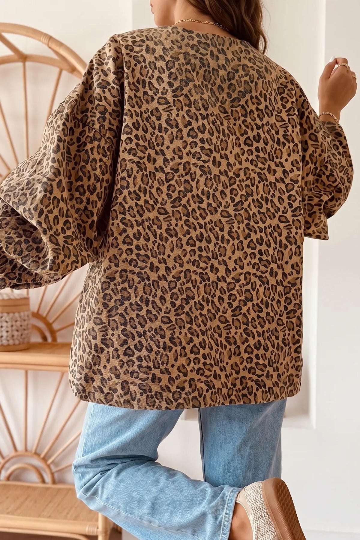 Leopard Print Collar Long Sleeve Patch Pocket Shift Denim Jacket – Khaki