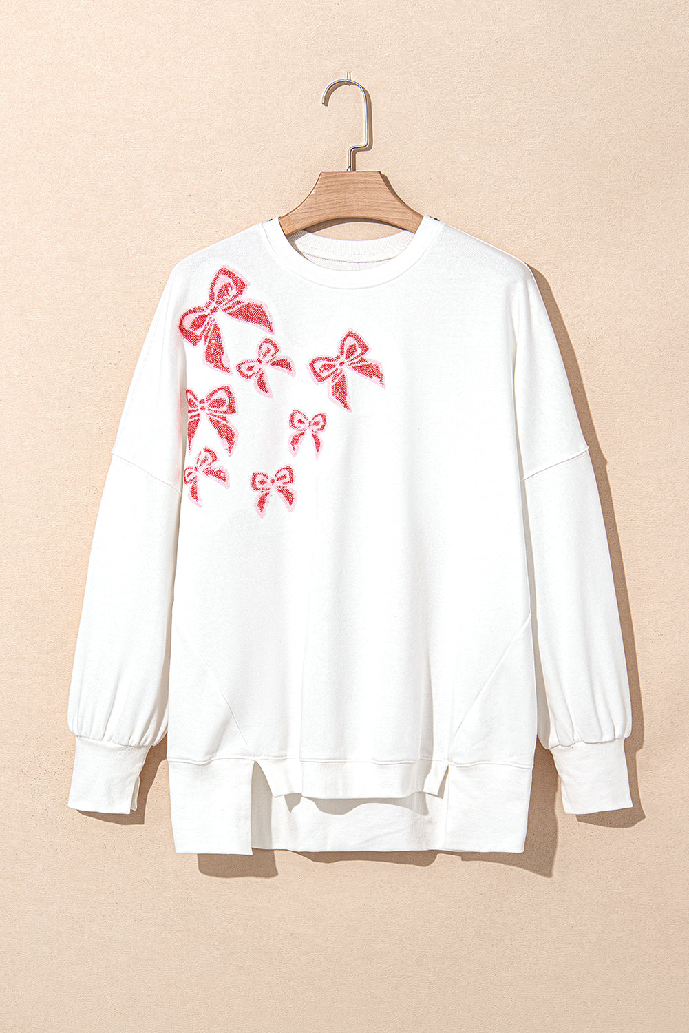 White Sequin Bowknot High Low Oversize Sweatshirt eAura