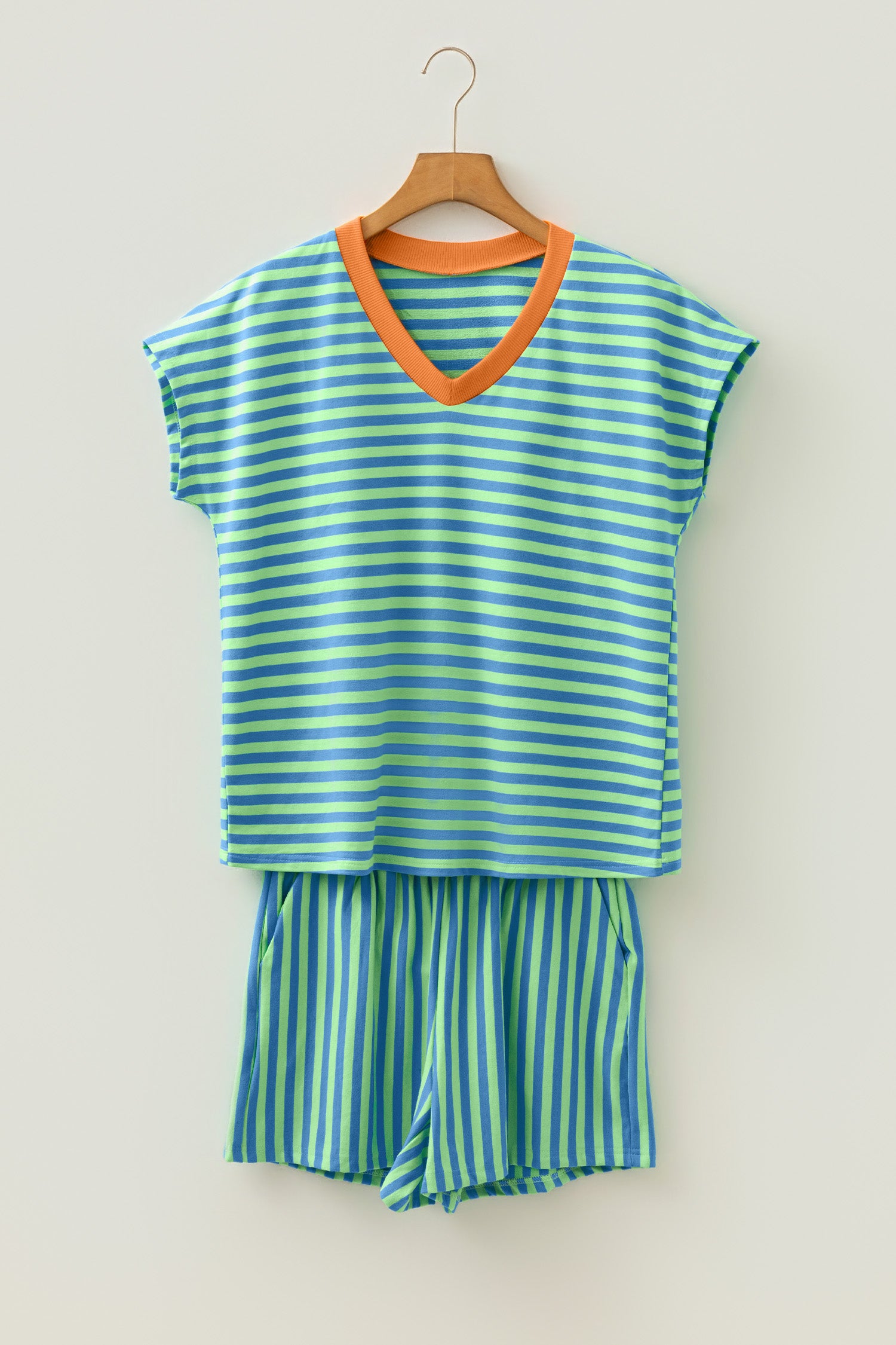 Colorblock Trim V Neck Tee Drawstring Elastic Waist Short Set – Yellow Stripe