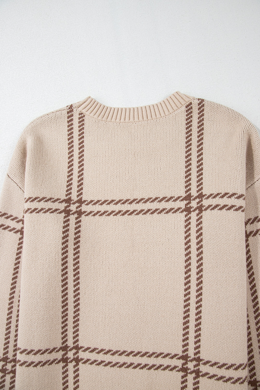 Khaki Plaid Pattern Knitted Drop Shoulder Sweater Beagle Boutique Fashion Outlet