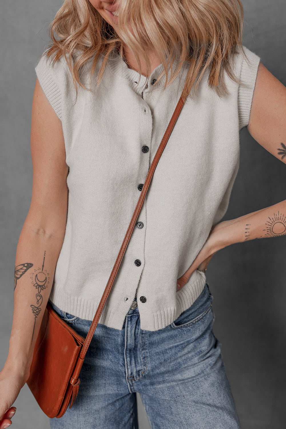 Jet Stream Button Up O Neck Sweater Vest eAura