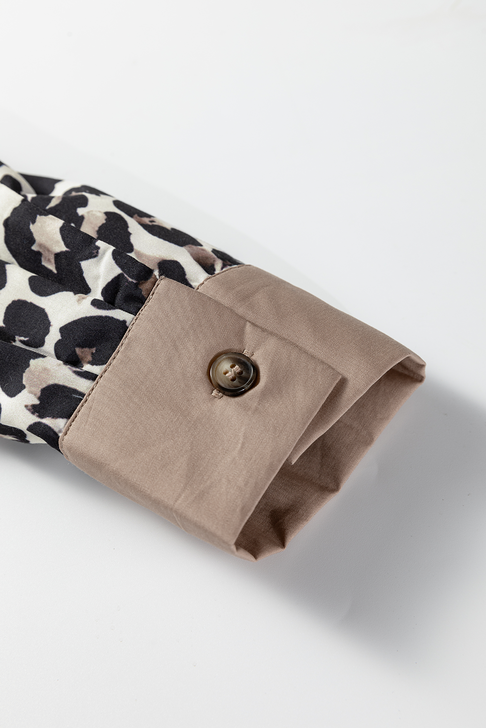 Leopard Print Contrast Patchwork Cuffs Button Collared Top - eAura