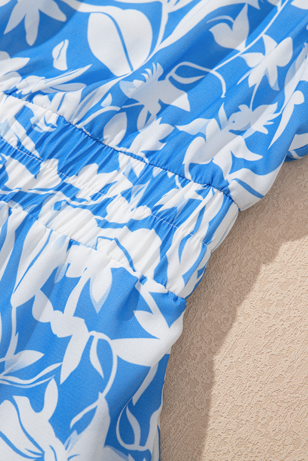 Sky Blue Floral V Neck Puff Short Sleeve Flowy Long Dress eAura