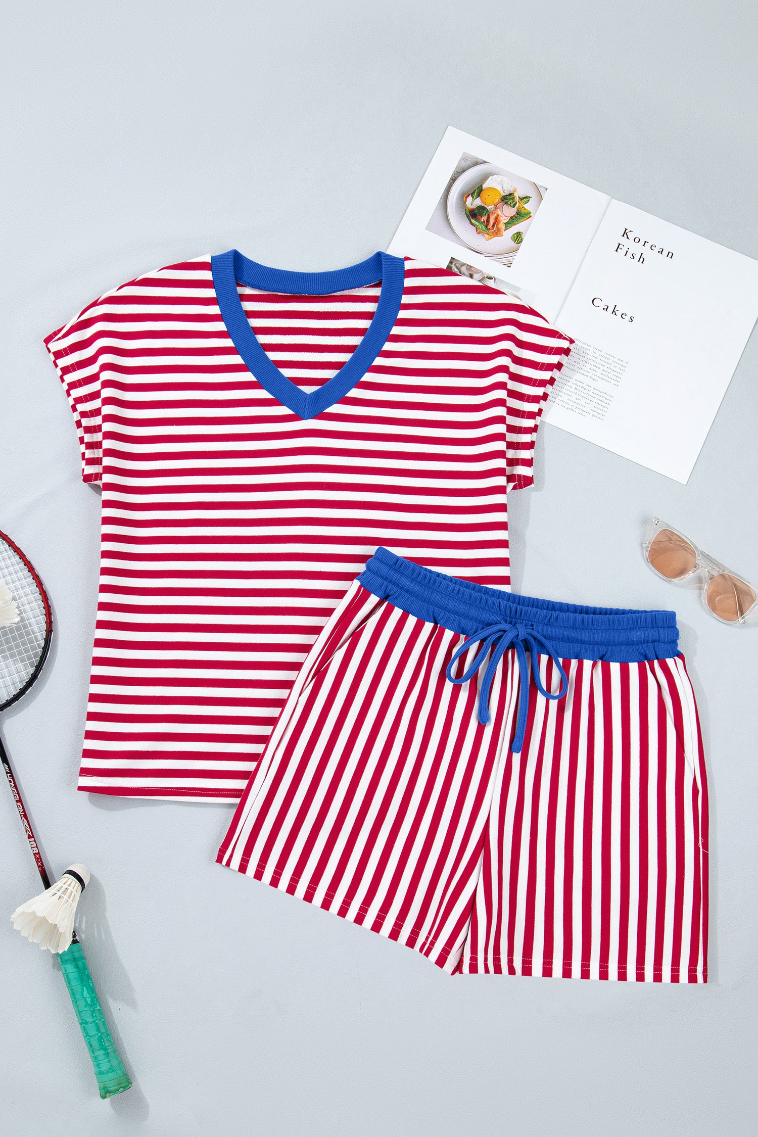 Colorblock Trim V Neck Tee Drawstring Elastic Waist Short Set – Yellow Stripe