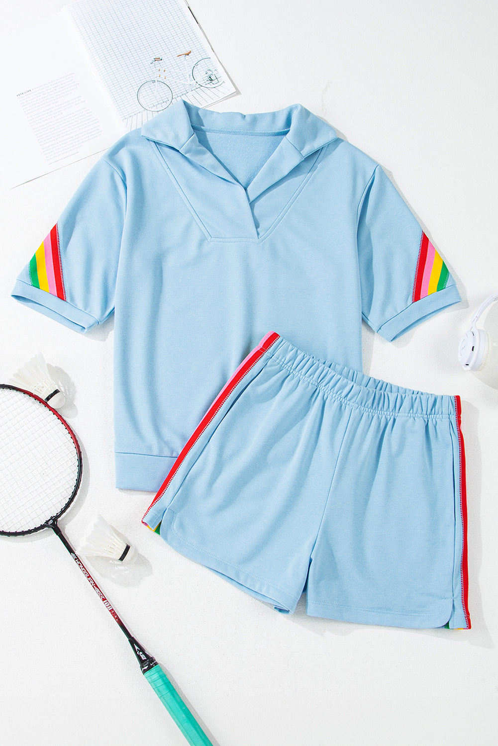 Sky Blue Rainbow Colourblock Collared Short Sleeve Top 2 Piece Shorts Set eAura