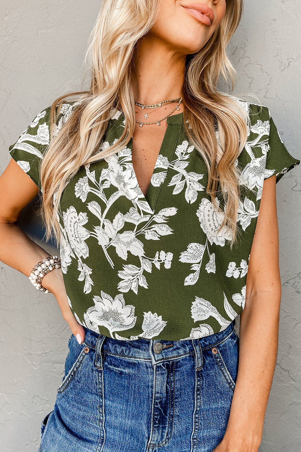 Green Floral Print Split Neck Short Sleeve Blouse eAura