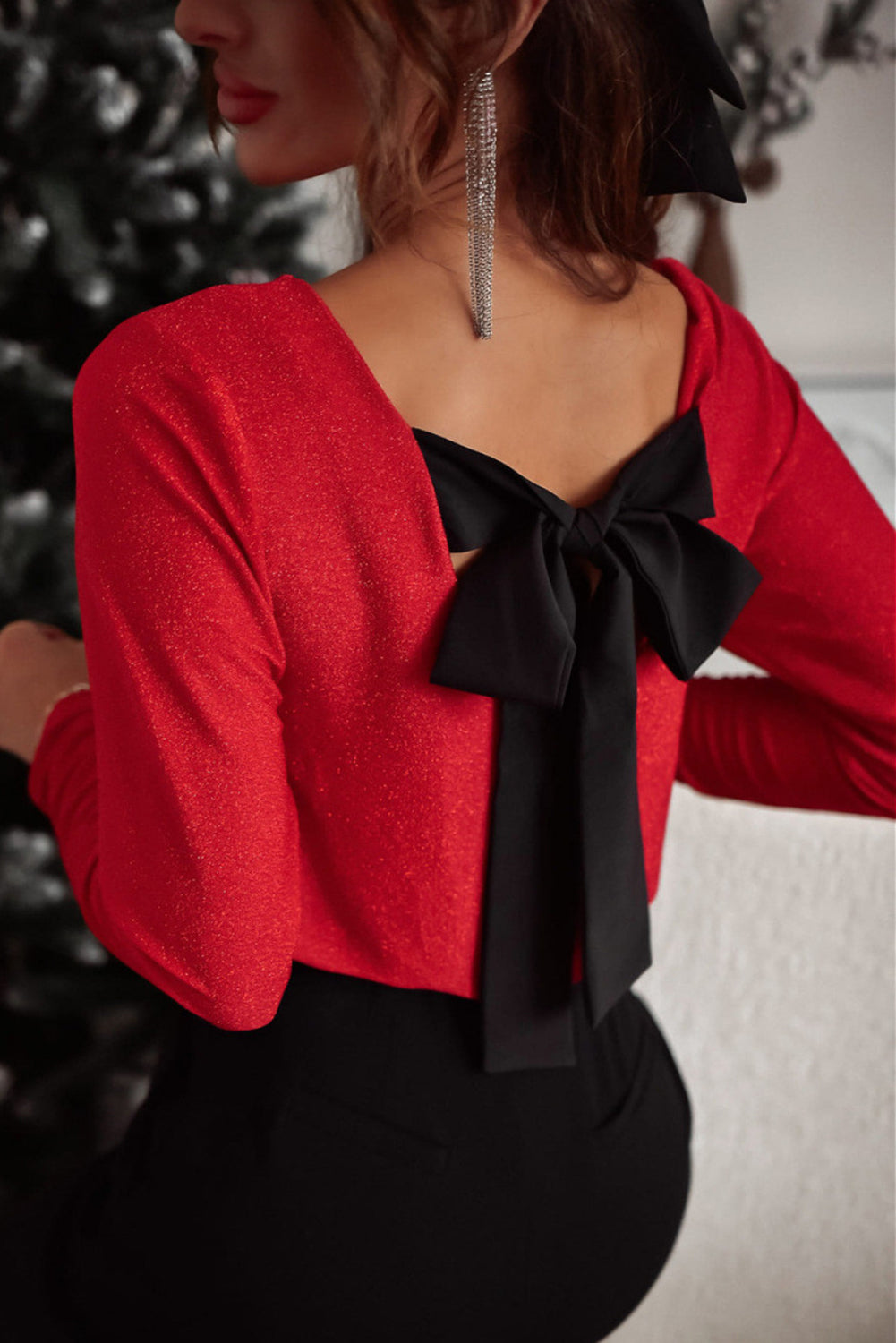 Racing Red Metallic Bowknot Open Back V Neck Top eAura