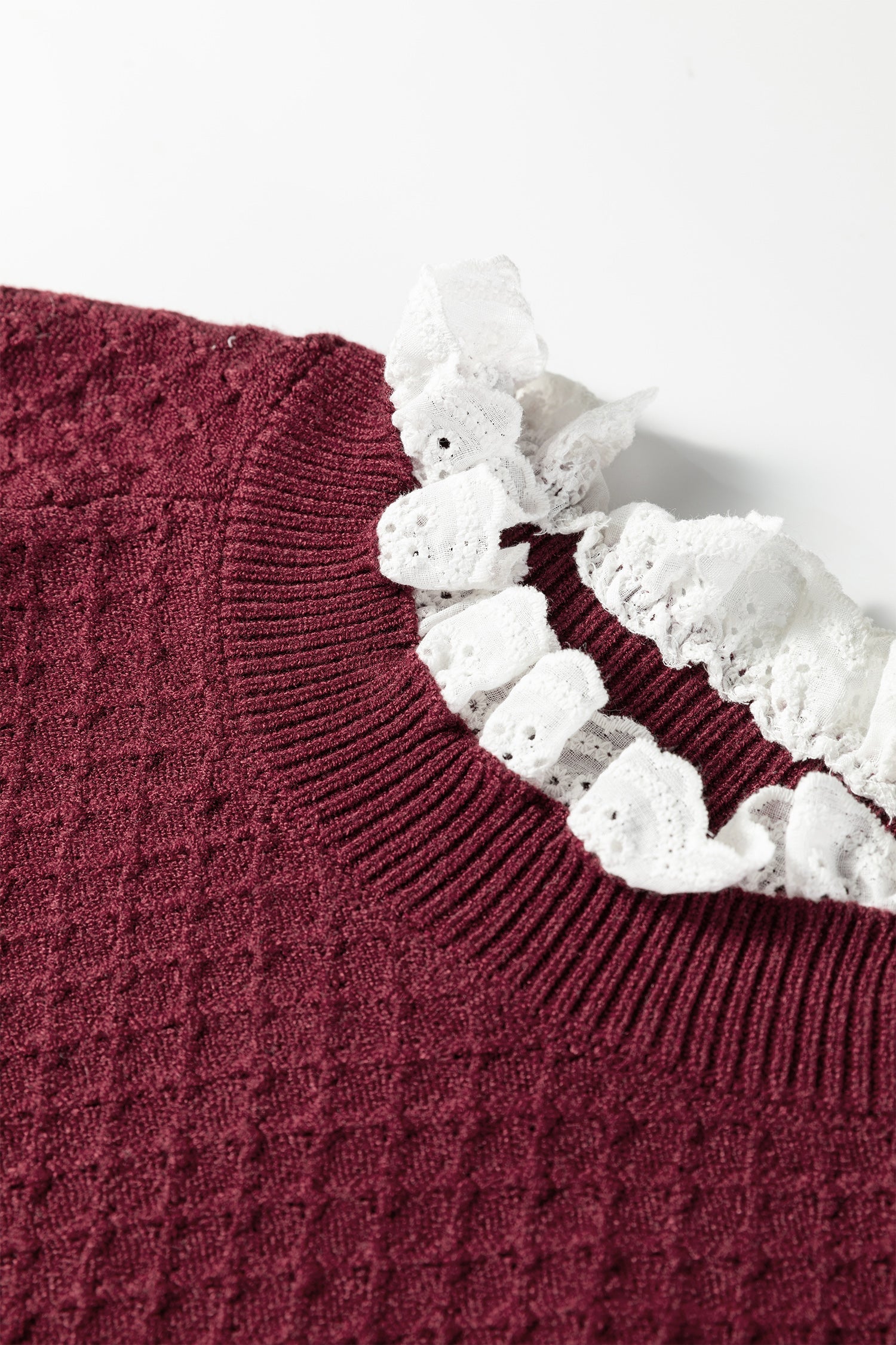 Contrast Lace Frilled Trim Raglan Sleeve Sweater - eAura
