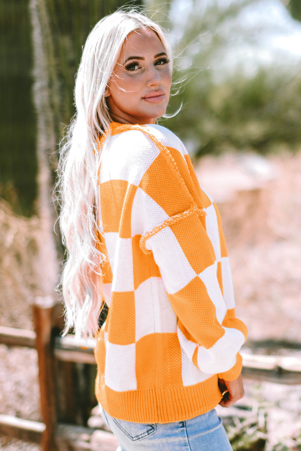 Orange Checkered Bishop Sleeve Sweater eAura