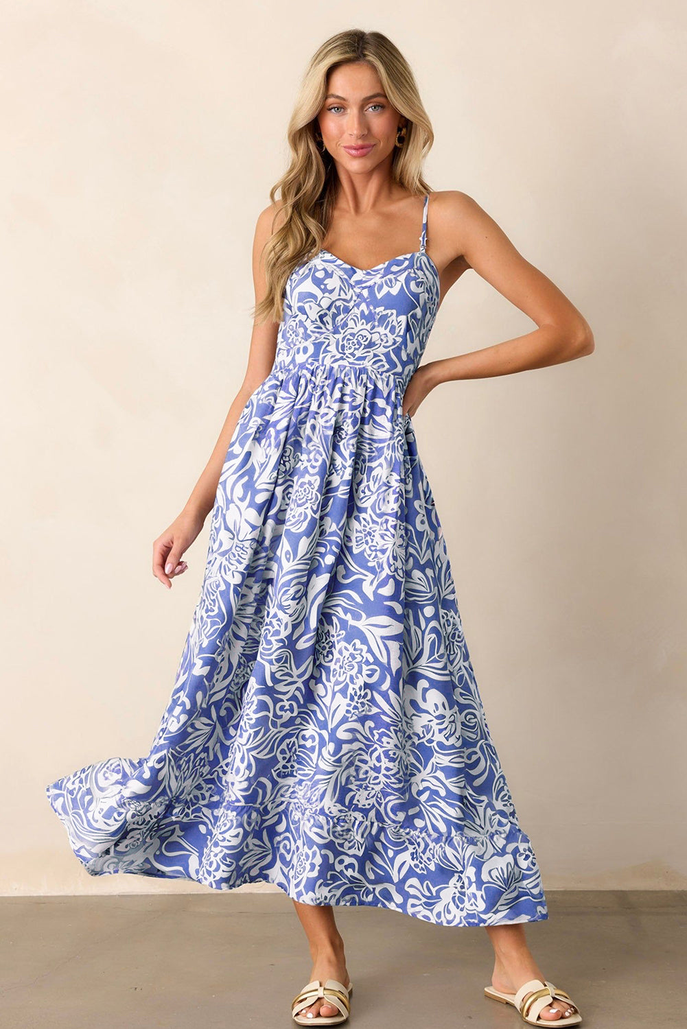 Sky Blue Floral Print Spaghetti Strap High Waist Maxi Dress eAura