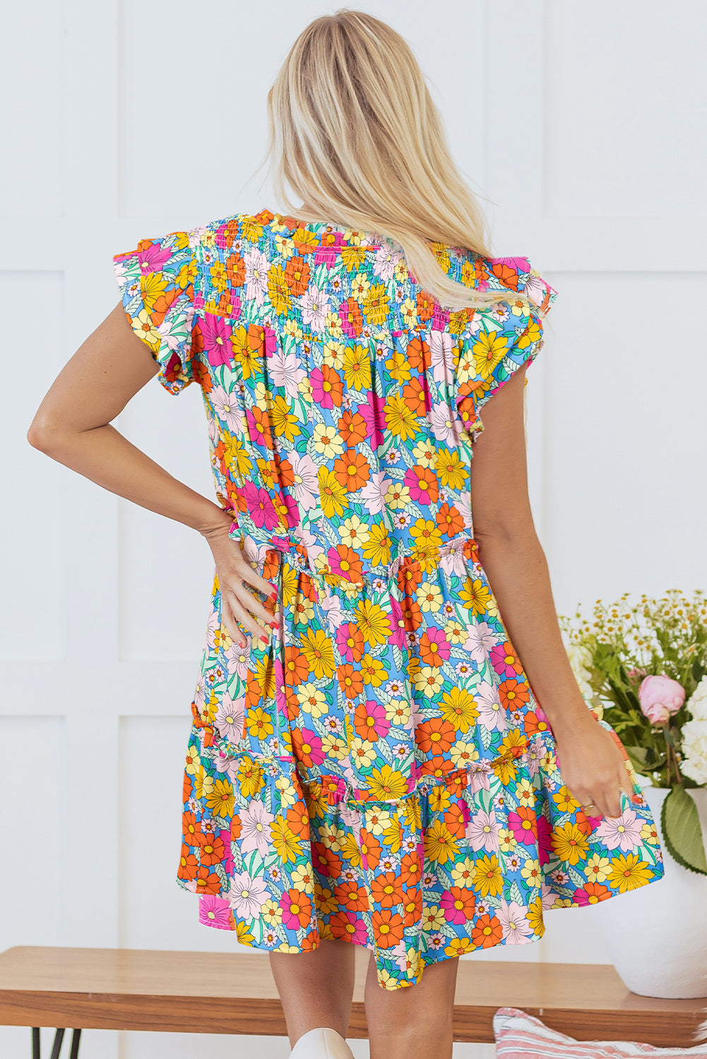 Sky Blue Floral Print Smocked Notch V Neck Flutter Sleeve Mini Dress eAura