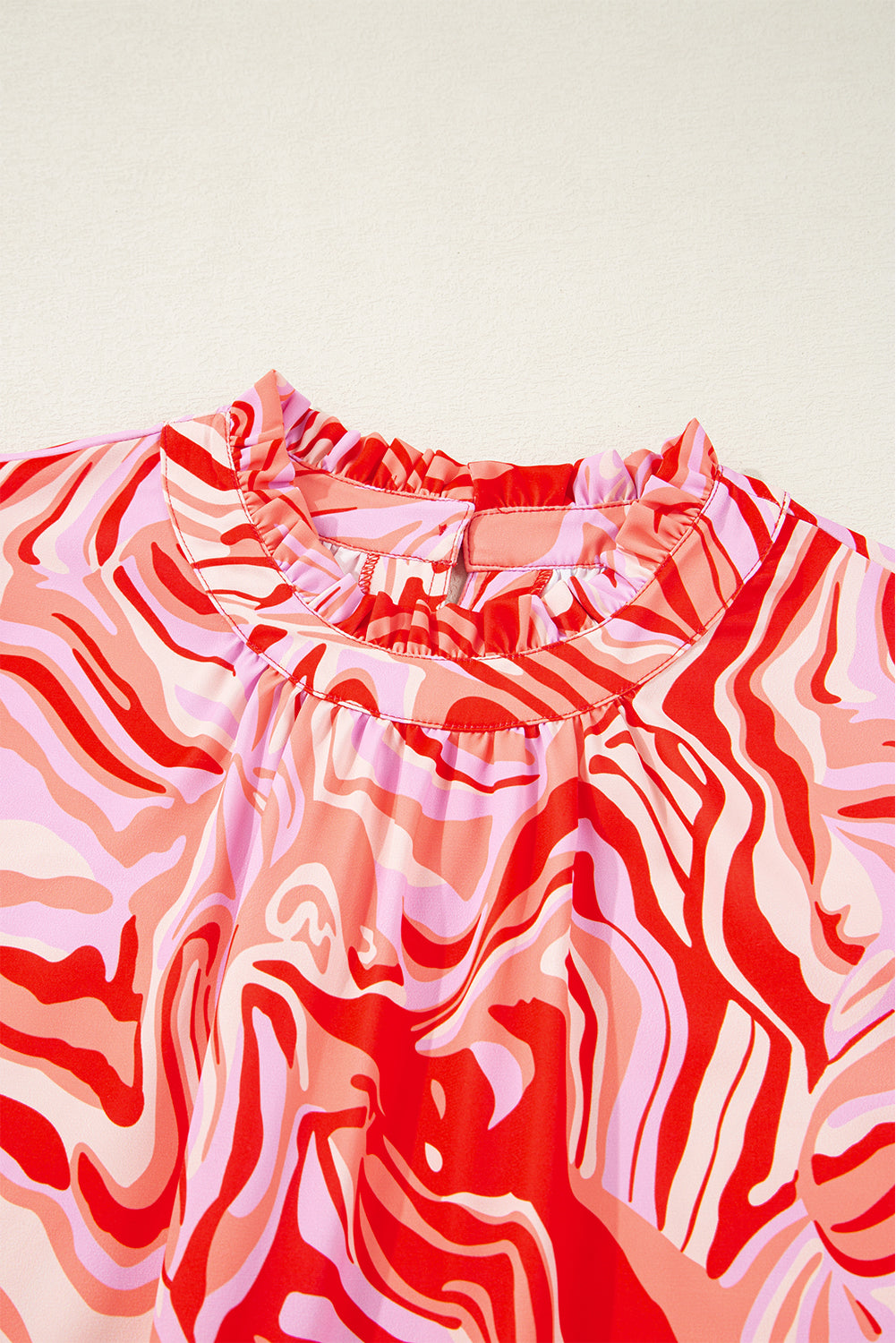 Red Abstract Print Ruffled Short Sleeve Mock Neck Blouse eAura