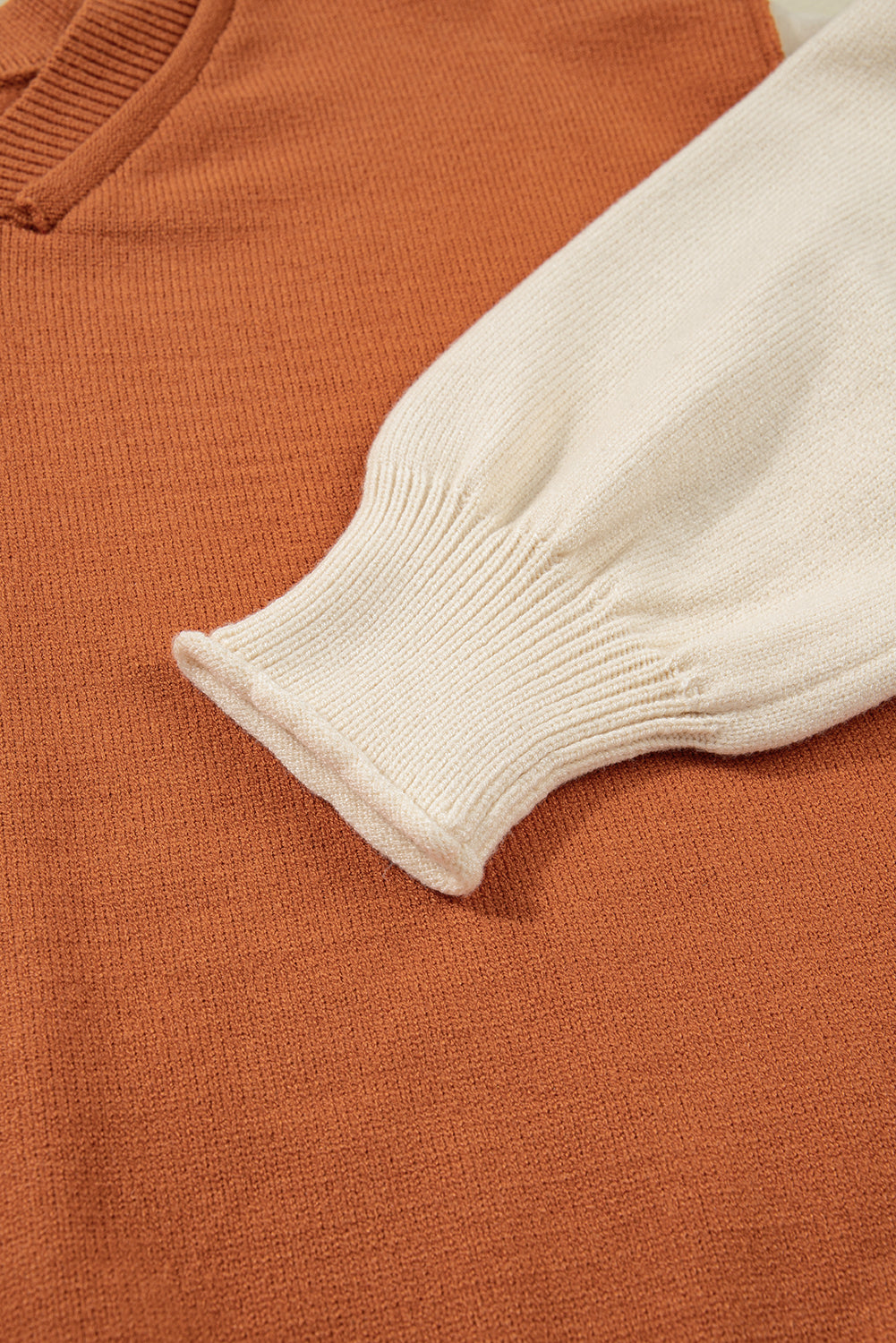 Colourblock Raw Edge Bubble Sleeve V-Neck Oversized Sweater - Sweaters & Cardigans/Sweaters