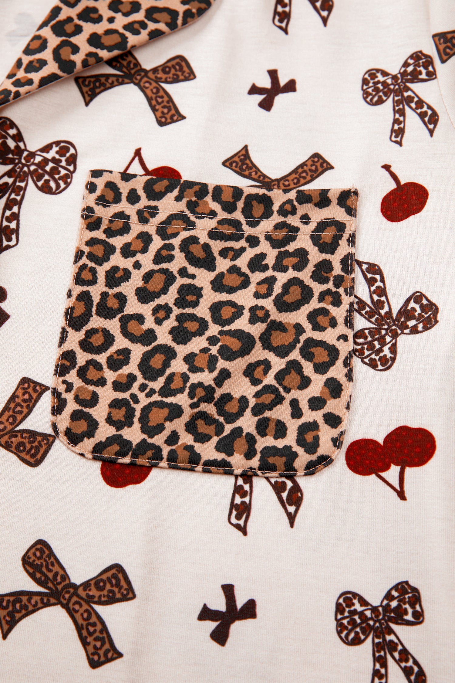 Chic Bow Cherry Print Leopard Contrast Shirt and Drawstring Pyjams
