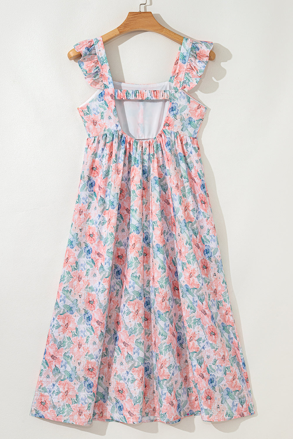 Pink Floral Print Square Neck Backless Long Dress with Slit eAura