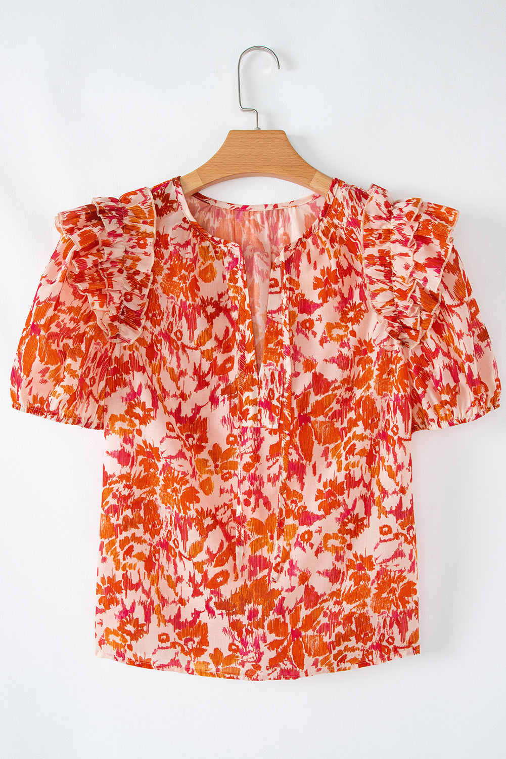 Orange Floral Print Ruffled Short Puff Sleeve Split Neck Blouse BB Fashion Outlet