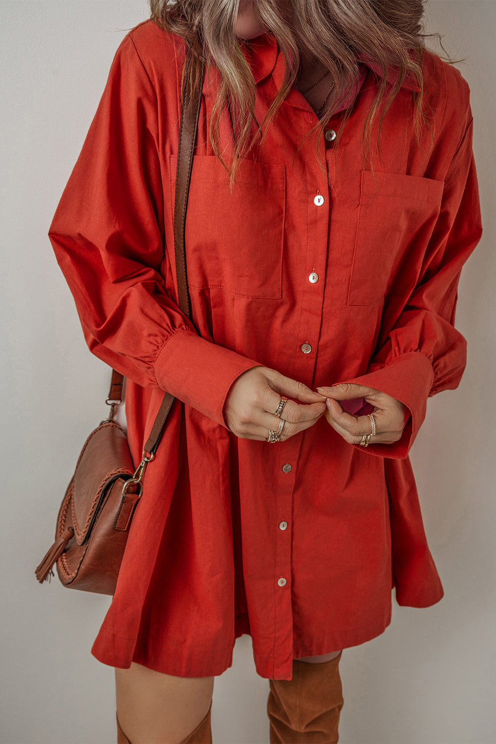 Tomato Red Bishop Sleeve Button Up Pleated Mini Shirt Dress eAura