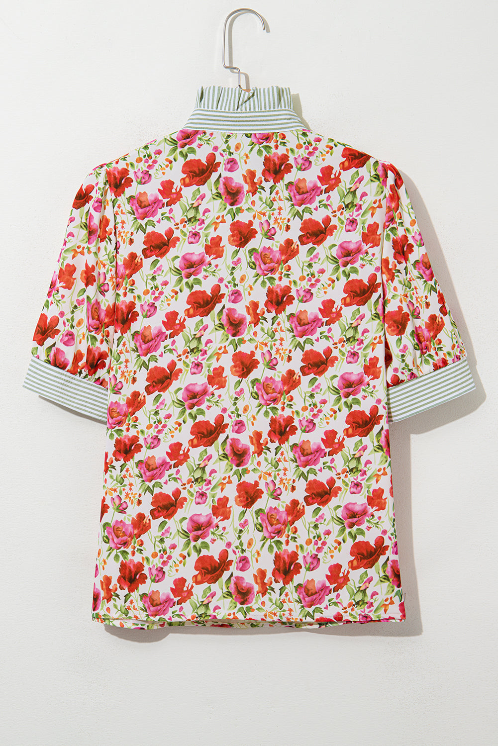 Red Floral Print Striped Patchwork Collared Short Sleeve Blouse eAura
