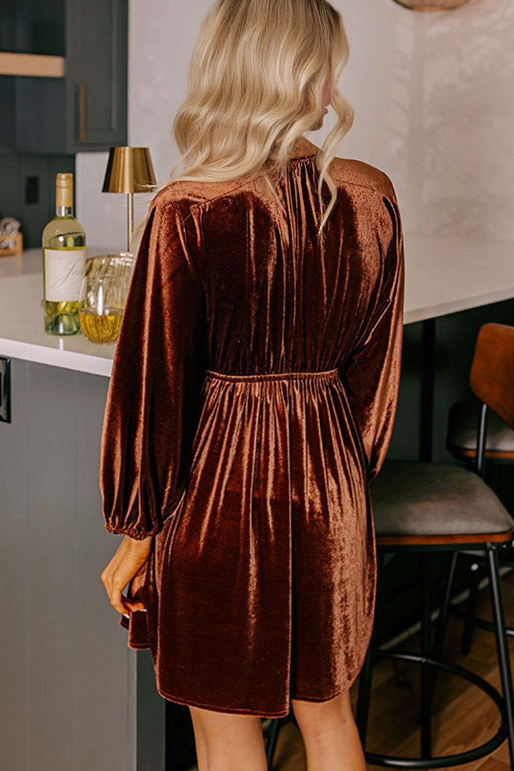 V-Neck Puff Sleeve Short Velvet Dress - eAura