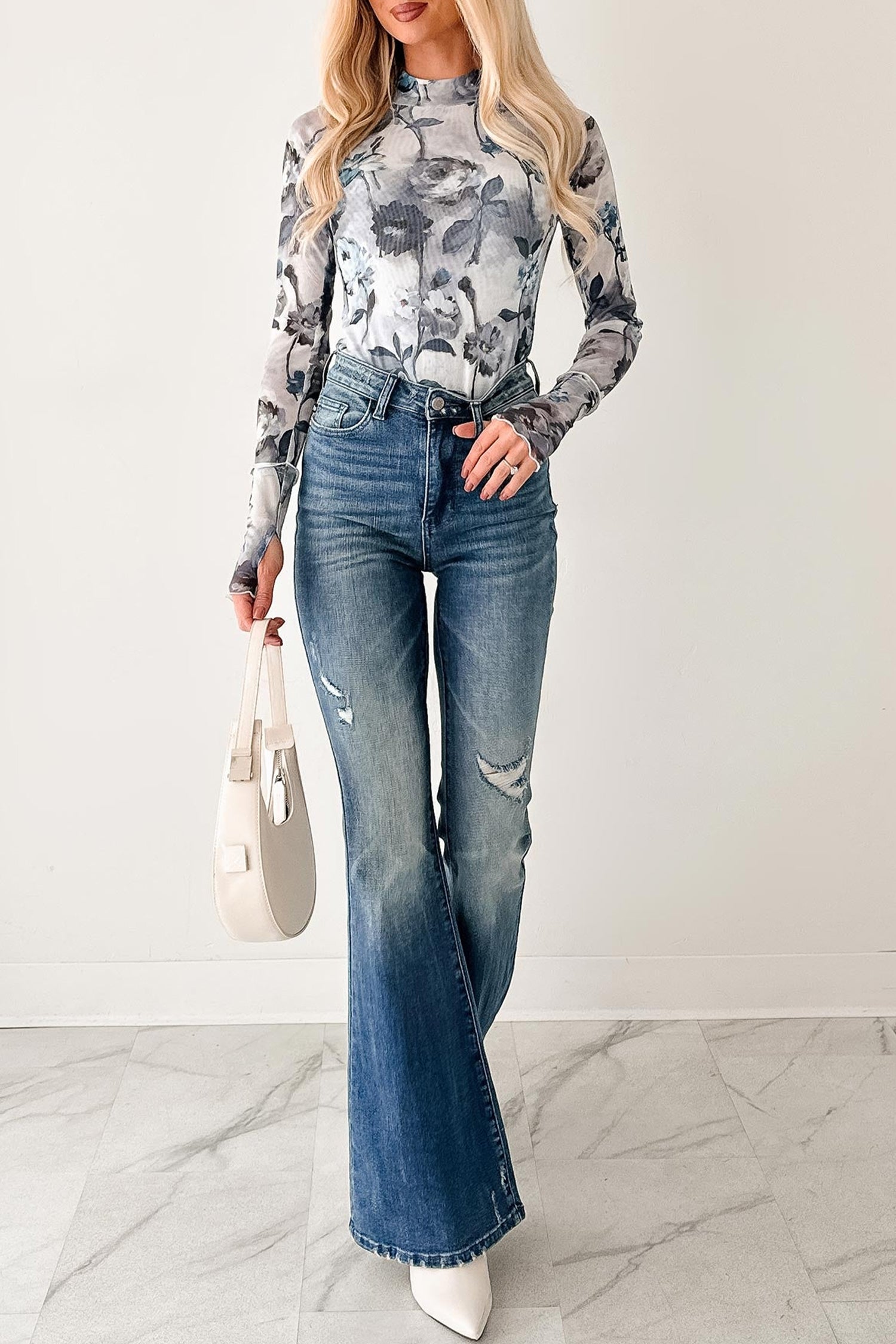Sky Blue Floral Mesh High Neck Long Sleeve Sheath Top – Light Blue