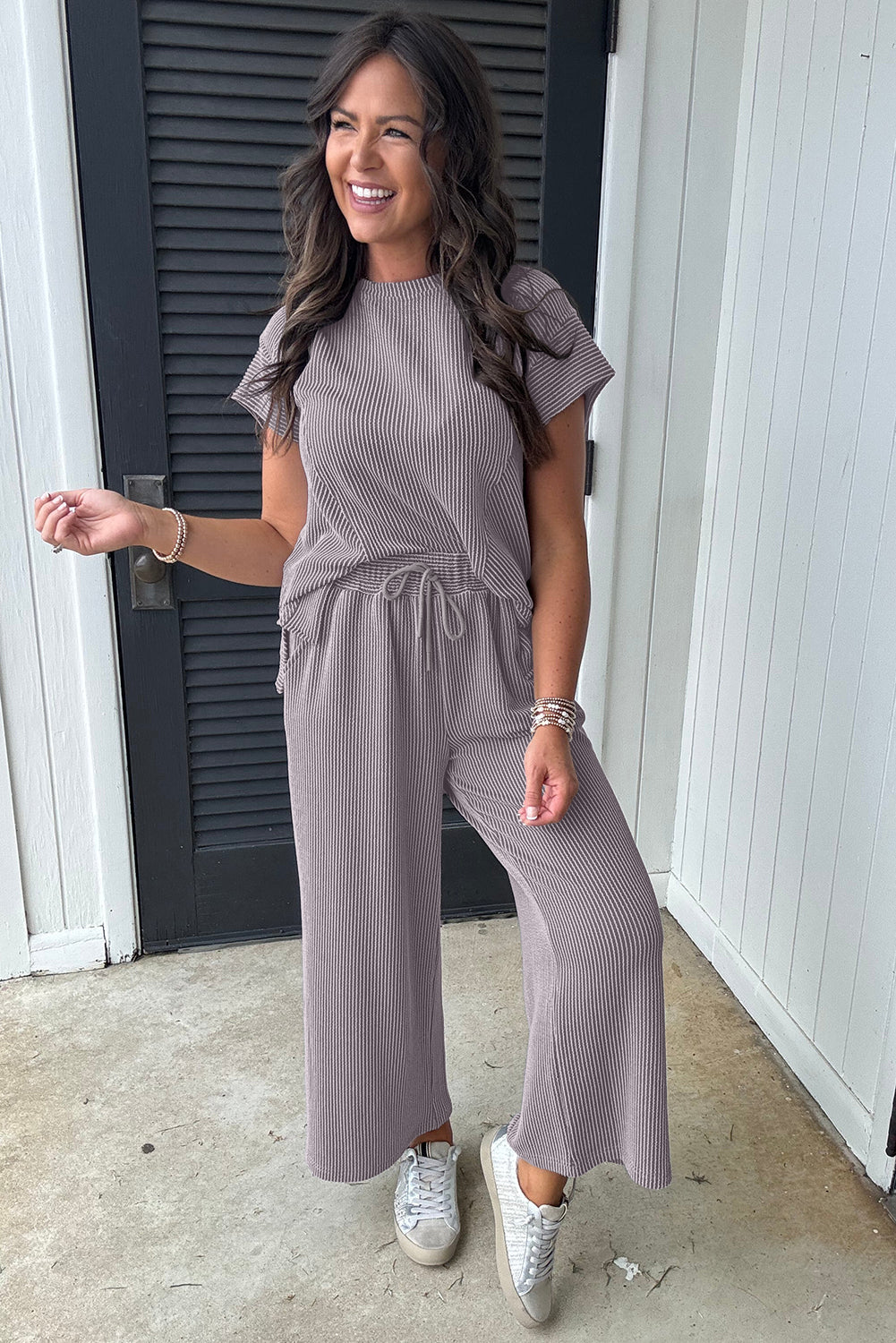 Bright Pink Solid Ribbed Knit Short Sleeve T Shirt and Wide Leg Trousers Set eAura