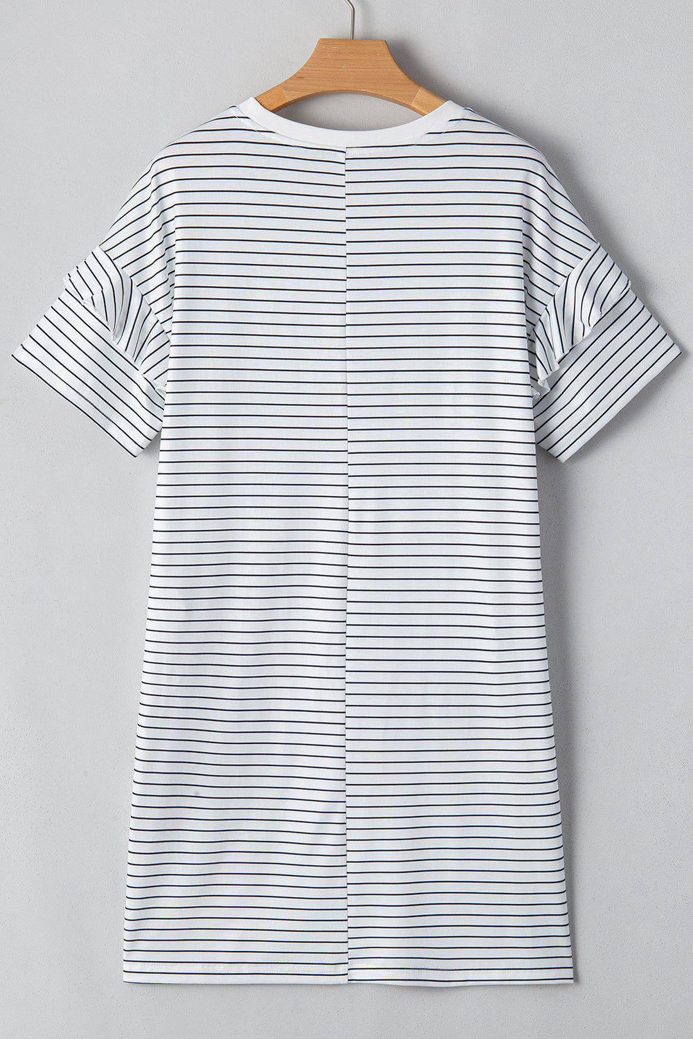 White Stripe Ruffled Short Sleeve Crew Neck T Shirt Shift Mini Dress eAura