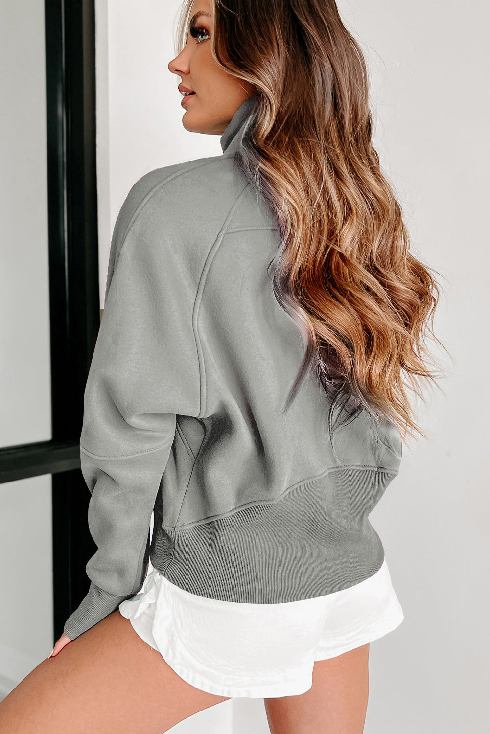 Brown Fleece Lined Zip Up Stand Collar Thumbhole Sleeve Sweatshirt eAura