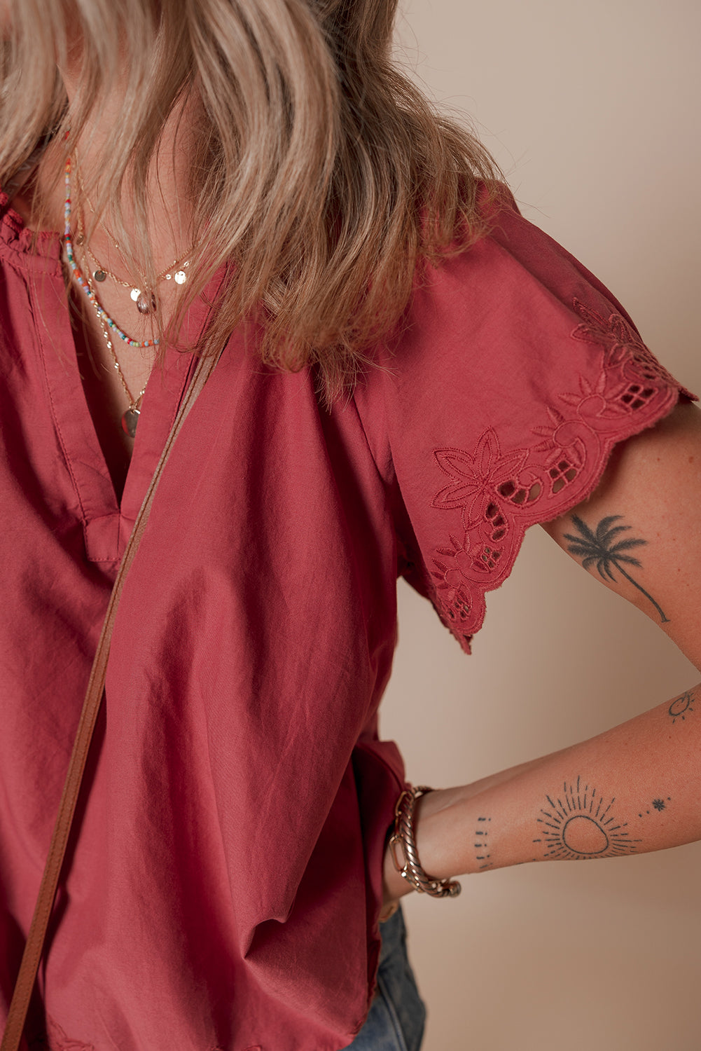 Red Dahlia Floral Embroidered Scallop Trim Short Sleeve V Neck Blouse eAura