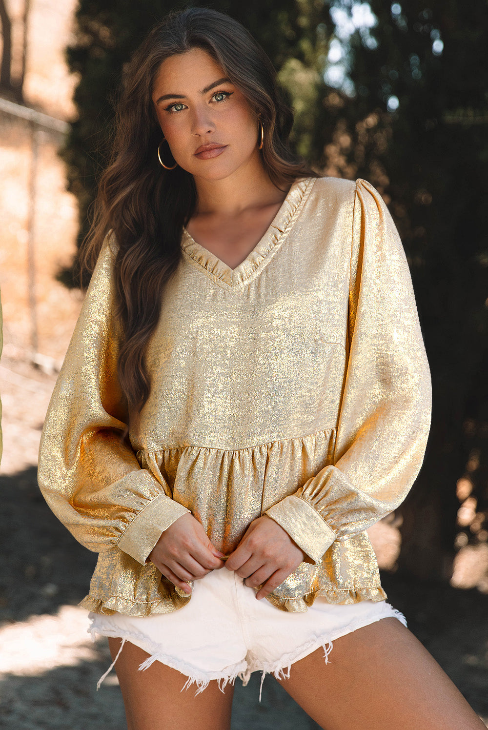 Gold Metallic Frilled V Neck Puff Sleeve Babydoll Blouse Beagle Boutique Fashion Outlet