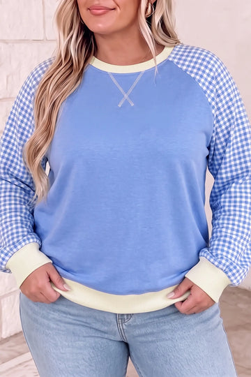 Light Blue Plaid Sleeve Ribbed Colorblock Trim Plus Size Sweatshirt