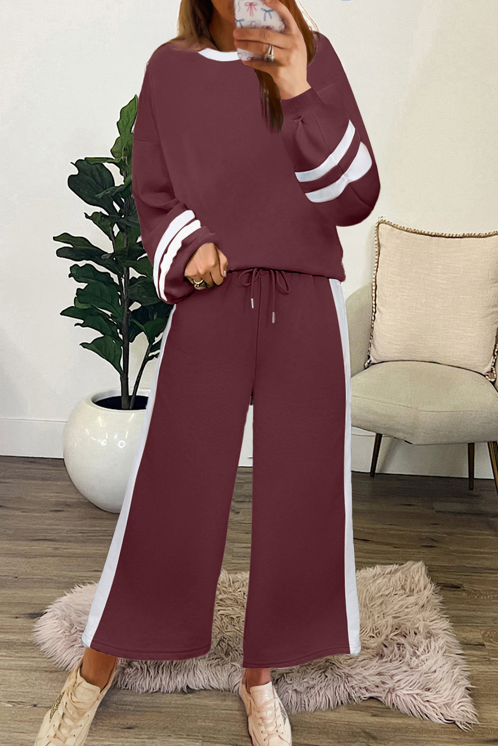 Varsity Striped Puff Sleeve Pullover & Drawstring Wide Leg Trouser Co-ord Set - eAura