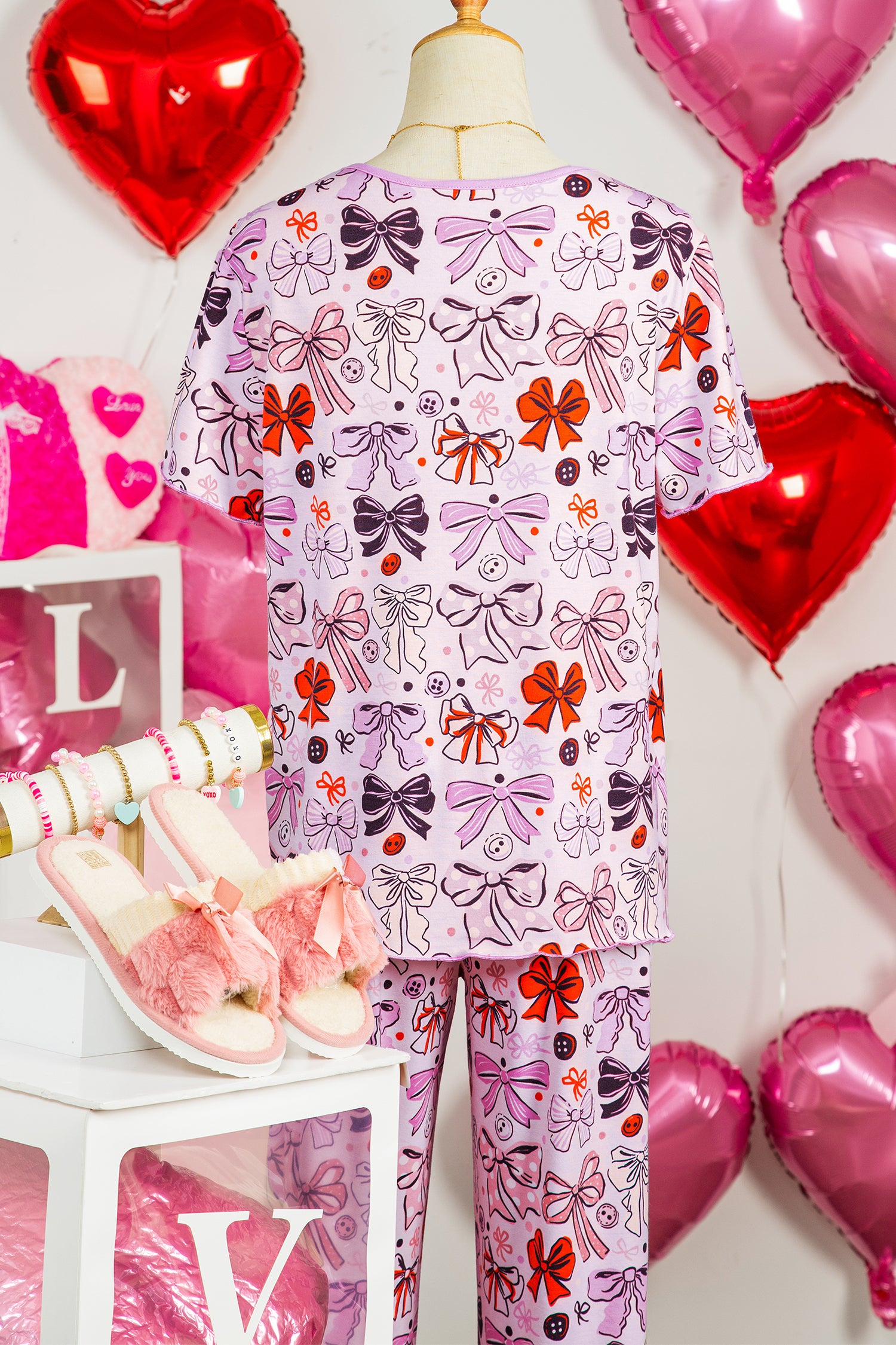Bows Buttons Printed Contrast Trim Short Sleeve Shirt Pyjama Set