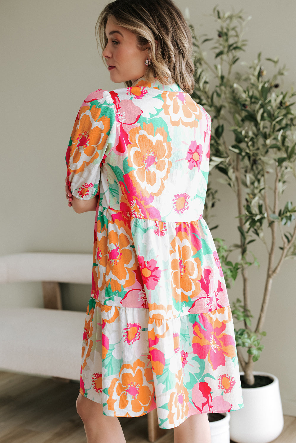 Green Floral Puff Sleeve Collar Buttoned Babydoll Dress eAura