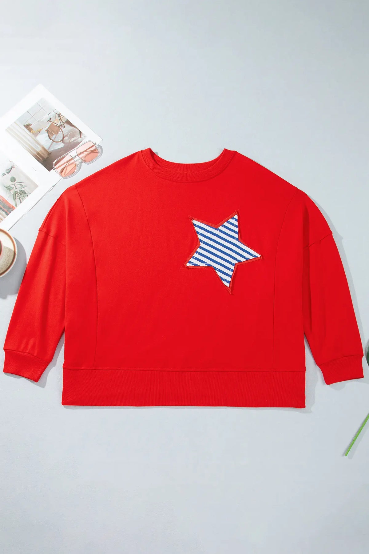 Patch Embroidery Star Colourblock Plus Size Sweatshirt – Fiery Red