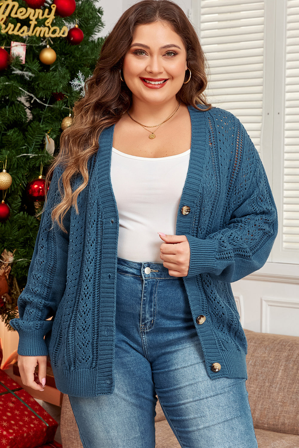 Real Teal Open Knit V Neck Button Front Drop Shoulder Plus Size Cardigan BB Fashion Outlet